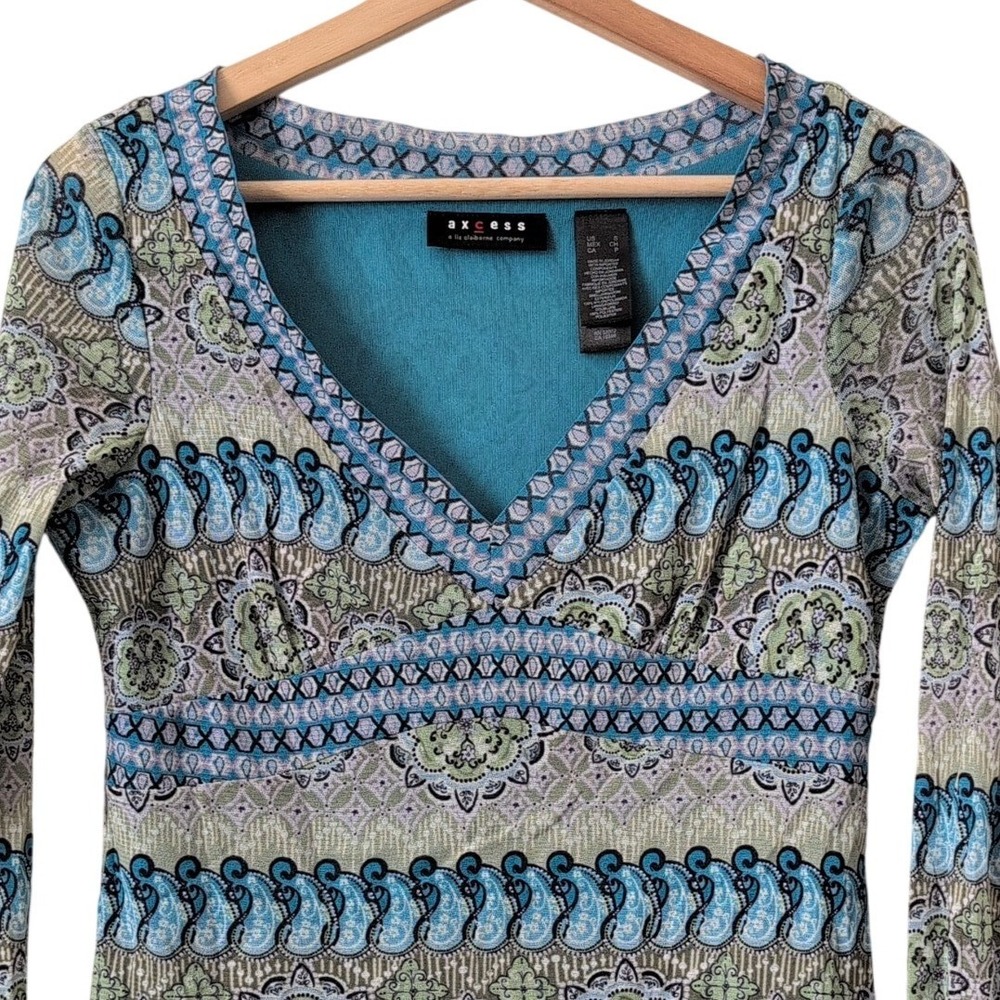 Y2K 2000s Womens Blue Boho Paisley Mesh V-Neck‎ Whimsy Fairy Babydoll Top Small